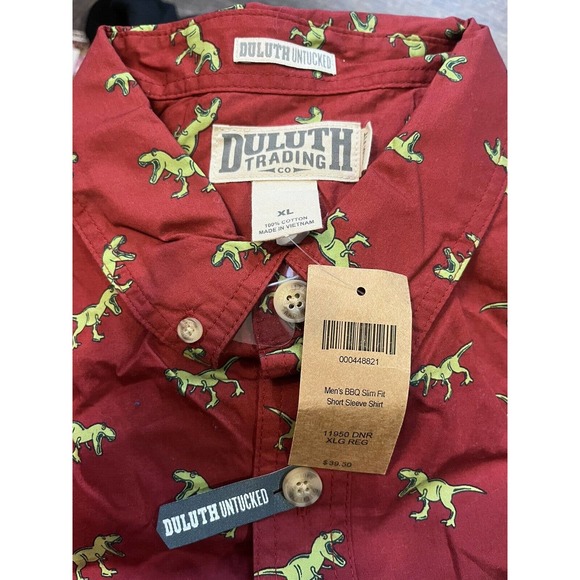 Duluth Trading Mens Slim Fit Button Up Shirt Size XL Shortsleeve Red w/ dinos O7 - Picture 3 of 7